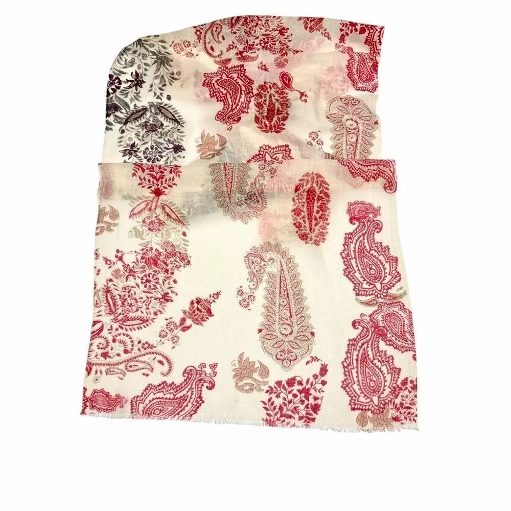 NWOT J. Jill Lightweight Oblong Scarf Woven Wool Paisley Wrap Ivory Red 24x70